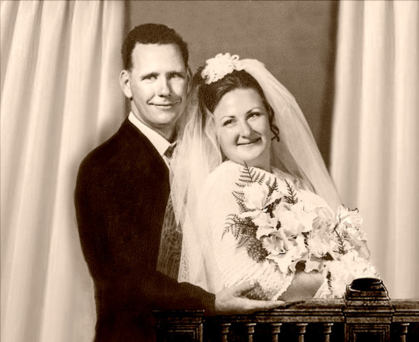 Restored photo of bridal couple recreaes backdrop - another restored phototoration