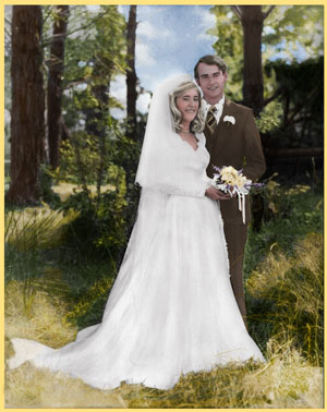 Photo restoration painted in the folds in the dress re-created the sky and brough back definition to faces