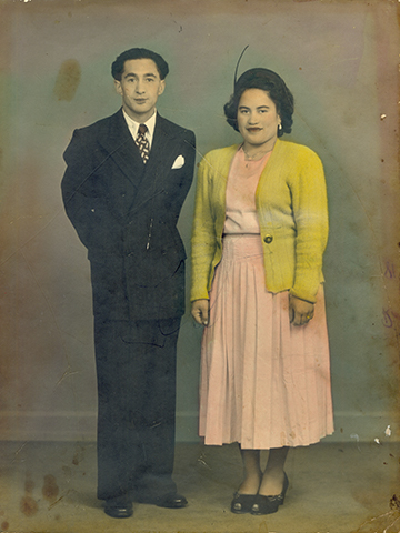 badly blemished photo of couple submitted for restoration